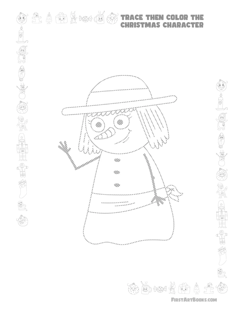 Preview of free snowperson tracing and coloring page